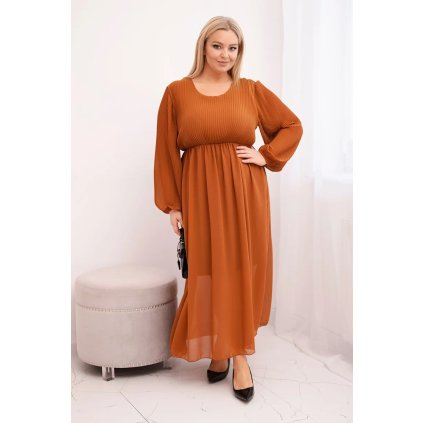 Dámské plisované Plus Size šaty z viskózy a s dlouhým rukávem camel (Velikost universal, Barva Camelová)