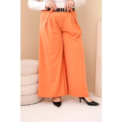 Dámské kalhoty Plus Size viskózové s širokými nohavicemi a páskem meruňkové (Velikost universal, Barva Meruňka)