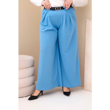 Dámské kalhoty Plus Size viskózové s širokými nohavicemi a páskem modré (Velikost universal, Barva Modrý)
