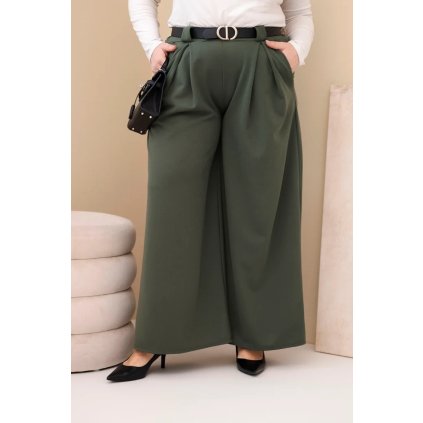 Dámské kalhoty Plus Size viskózové s širokými nohavicemi a páskem khaki (Velikost universal, Barva Khaki)