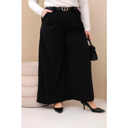 Dámské kalhoty Plus Size viskózové s širokými nohavicemi a páskem černé (Velikost universal, Barva Černá)