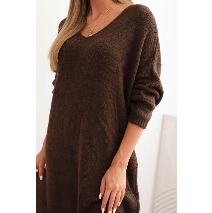 Dámské plus size pletené šaty s výstřihem do V hnědé (Velikost universal, Barva Hnědá)