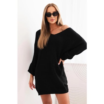 Dámské plus size pletené šaty s výstřihem do V černé (Velikost universal, Barva Černá)
