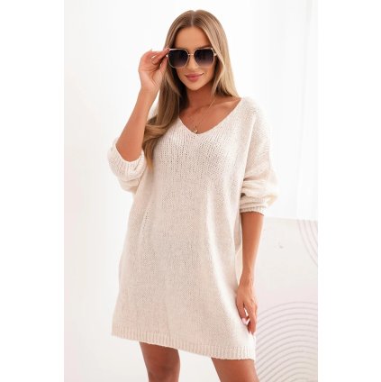 Dámské plus size pletené šaty s výstřihem do V světle béžové (Velikost universal, Barva Světle béžová)