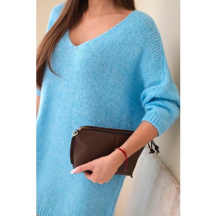 Dámské plus size pletené šaty s výstřihem do V modré (Velikost universal, Barva Modrý)