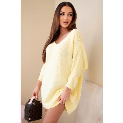Dámské plus size pletené šaty s výstřihem do V žluté (Velikost universal, Barva Žlutý)