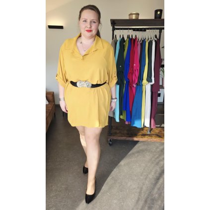košilové šaty MAIA s límečkem, rukávy na knoflíček a prodlouženým zadním dílem žluté
