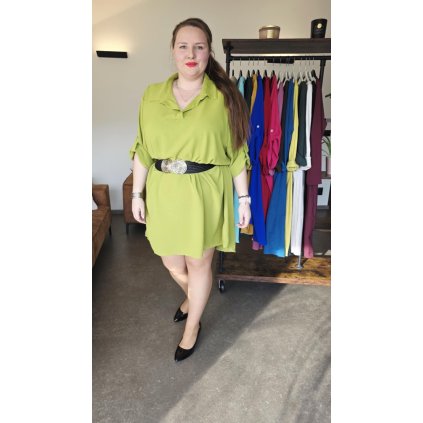 košilové šaty MAIA s límečkem, rukávy na knoflíček a prodlouženým zadním dílem oliva