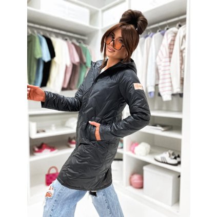Dámská černá jarní parka STAYHERE s kapucí, prošíváním a zapínáním na zip.