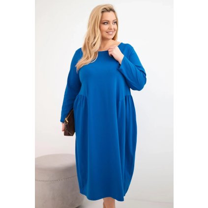 Dámská bavlněné plus size šaty s dlouhým rukávem a nařasením v pase královsky modré (Velikost universal, Barva Chrpa)