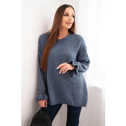 Dámský svetr s příměsí mohéru a vlny volného střihu jeansový (Velikost universal, Barva Džíny)