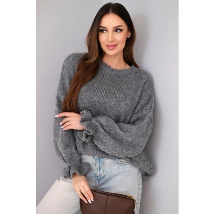 Dámský svetr s příměsí mohéru a vlny volného střihu šedý (Velikost universal, Barva Grey)