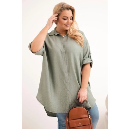 Dámská košile Plus Size z viskózy s delší zadní částí khaki (Velikost universal, Barva Khaki)