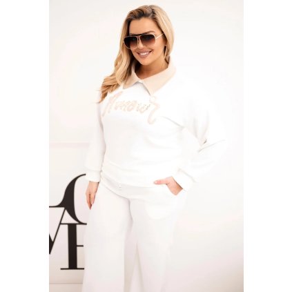 Máslová souprava Plus Size s širokými nohavicemi a límečkem bílá (Velikost universal, Barva Bílá)