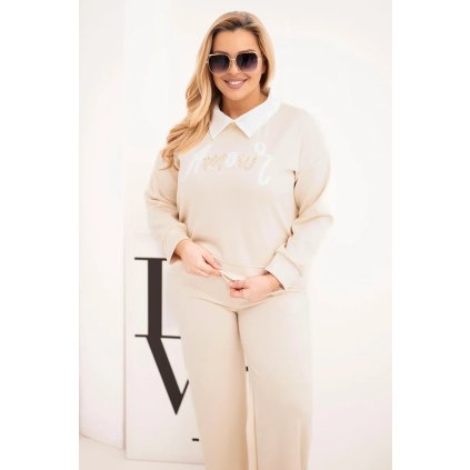 Máslová souprava Plus Size s širokými nohavicemi a límečkem béžová (Velikost universal, Barva Béžová)