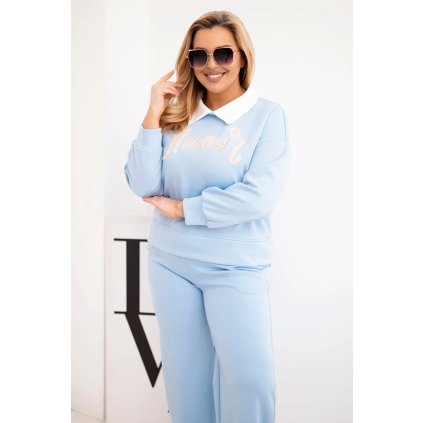 Máslová souprava Plus Size s širokými nohavicemi a límečkem modrá (Velikost universal, Barva Modrý)