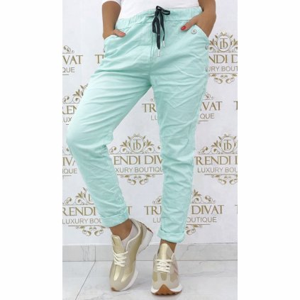 pružné kalhoty v pase na gumu mint