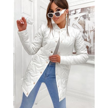 Delší prošívaná bunda bez límečku bílá