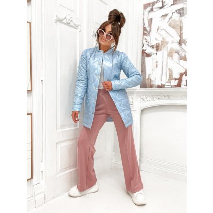 Delší prošívaná bunda bez límečku modrá