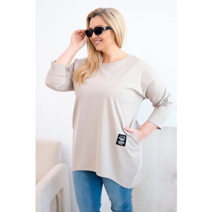 Dámská blůza Plus Size s delším zadním dílem a dlouhým rukávem tmavě béžová (Velikost universal, Barva Tmavě béžová)