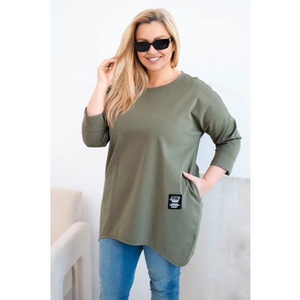 Dámská blůza Plus Size s delším zadním dílem a dlouhým rukávem khaki (Velikost universal, Barva Khaki)