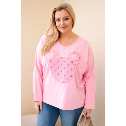 Dámská bavlněná blůza Plus Size s V výstřihem světle růžová (Velikost universal, Barva Světle růžová)