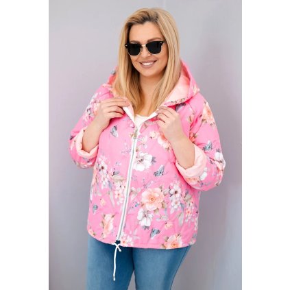 Dámská jarní prošívaná bunda Plus Size s kapucí a květinovým vzorem světle růžová (Velikost universal, Barva Světle růžová)