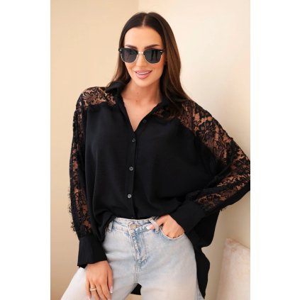 Dámská košile s krajkovými rukávy a límečkem černá (Velikost universal, Barva Černá)