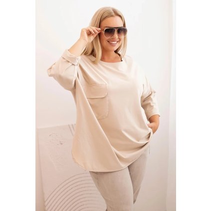 Dámská blůza Plus Size s bavlnou, kapsou a ohrnutým rukávem béžová (Velikost universal, Barva Béžová)