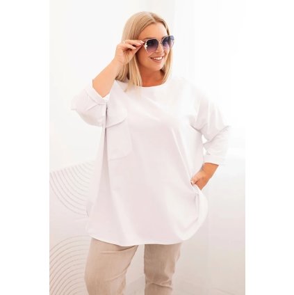 Dámská blůza Plus Size s bavlnou, s kapsou a s ohrnovacími rukávy bílá (Velikost universal, Barva Bílá)