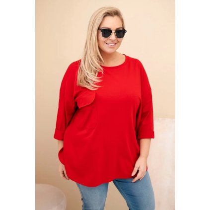 Dámská blůza Plus Size s bavlnou, kapsou a ohrnutým rukávem červená (Velikost universal, Barva Červená)