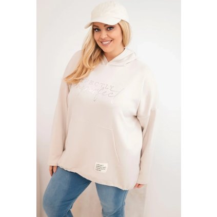 Dámská mikina Plus Size s kapucí a potiskem béžová (Velikost universal, Barva Béžová)