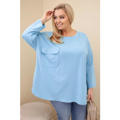 Dámská blůza Plus Size s bavlnou, kapsou a ohrnutým rukávem modrá (Velikost universal, Barva Modrý)