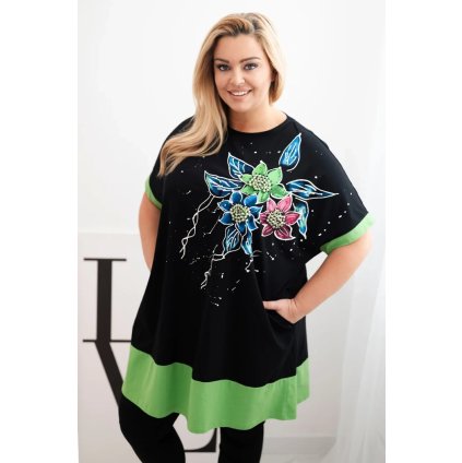 Dámská tunika Plus Size s květinovým vzorem a ozdobnými perličkami zelená (Velikost universal, Barva Zelená)