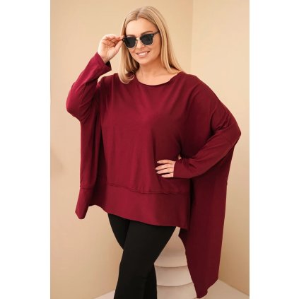 Dámská tunika Plus Size z bavlny s asymetrickým spodním lemem bordová (Velikost universal, Barva Bordó)