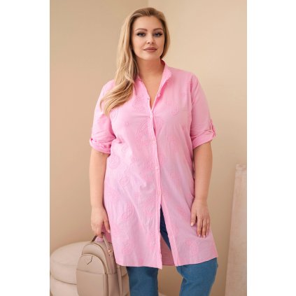 Dámské košilové Plus Size šaty s vyšíváním světle růžové (Velikost universal, Barva Světle růžová)