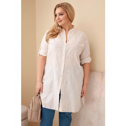 Dámské košilové Plus Size šaty s vyšíváním béžové (Velikost universal, Barva Béžová)