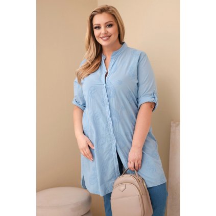 Dámské košilové Plus Size šaty s vyšíváním modré (Velikost universal, Barva Modrý)