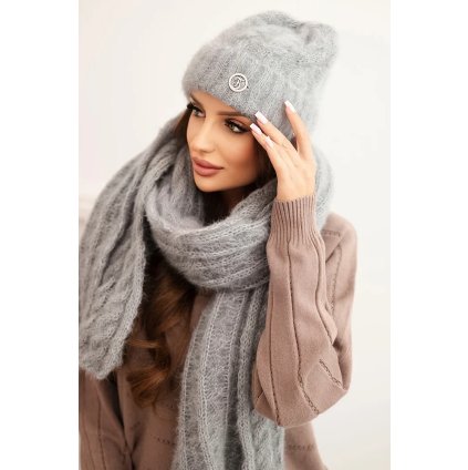 Dámský set čepice a šála se zdobením šedý (Velikost universal, Barva Grey)