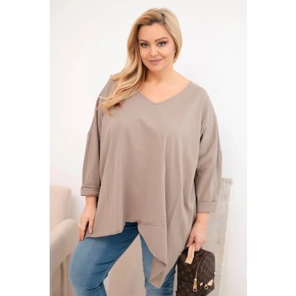 Dámská bavlněná blůza Plus Size s asymetrickým spodním lemem a V výstřihem fango (Velikost universal, Barva Fango)