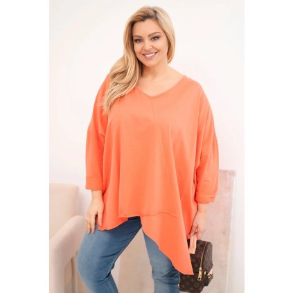 Dámská bavlněná blůza Plus Size s asymetrickým spodním lemem a V výstřihem meruňková (Velikost universal, Barva Meruňka)