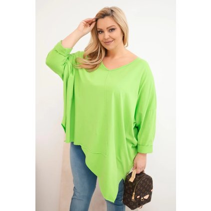 Dámská bavlněná blůza Plus Size s asymetrickým spodním lemem a výstřihem do V světle zelená (Velikost universal, Barva Světle zelená)