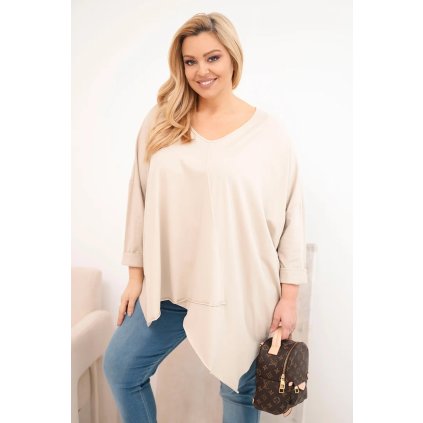 Dámská bavlněná blůza Plus Size s asymetrickým spodním lemem a V výstřihem béžová (Velikost universal, Barva Béžová)