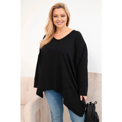 Dámská bavlněná blůza Plus Size s asymetrickým spodním lemem a výstřihem do V černá (Velikost universal, Barva Černá)