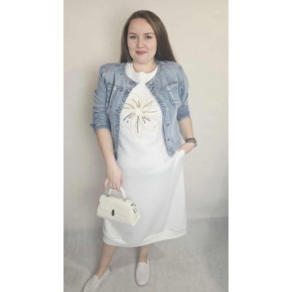 dlouhé maselkové šaty s aplikací květiny bílé