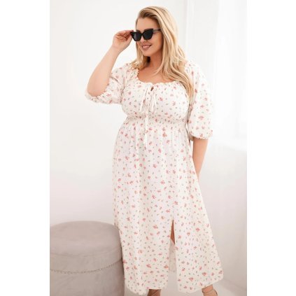 Dámské Plus Size šaty s výstřihem na šňůrky a elastickým pasem ecru (Velikost universal, Barva Ecru)