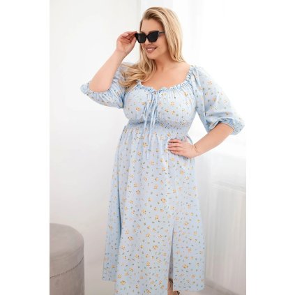 Dámské Plus Size šaty s výstřihem na šňůrky a elastickým pasem modré (Velikost universal, Barva Modrý)