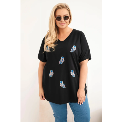 Dámská bavlněná halenka Plus Size s peříčky černá (Velikost universal, Barva Černá)