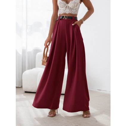 dámské kalhoty, široké nohavice, elastický pas, koženkový pásek, barevné varianty, elegantní styl, bordo