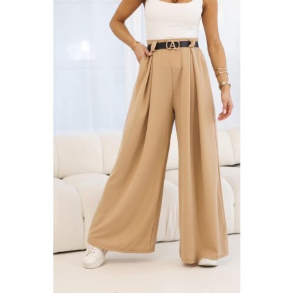 dámské kalhoty, široké nohavice, elastický pas, koženkový pásek, barevné varianty, elegantní styl, světle hnědé